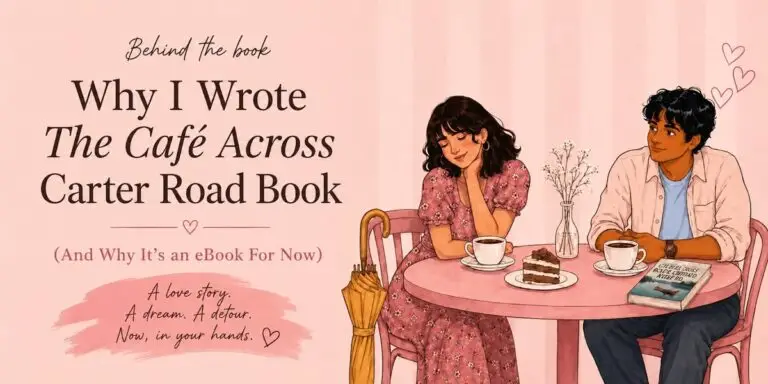 Carter Road promenade in Bandra at sunset, setting of The Café Across Carter Road"; "Handwritten notes tucked inside a borrowed library book"; "Book cover: The Café Across Carter Road by Yash Gadade